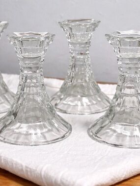 Vintage Clear Pressed Glass Candlestick Holders - Set of 4